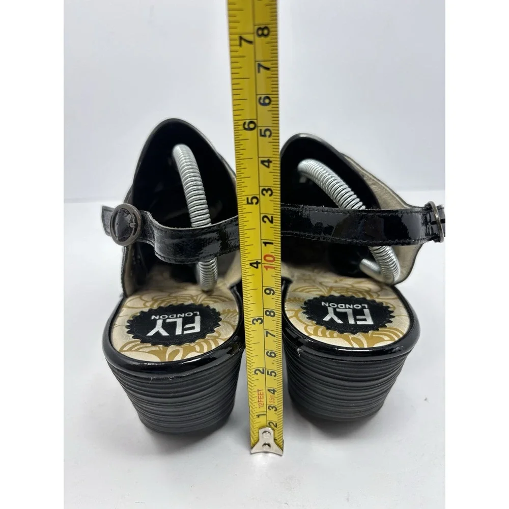 Fly London Black Leather Wedge Sandals P500568001 Euro 39 US 8.5